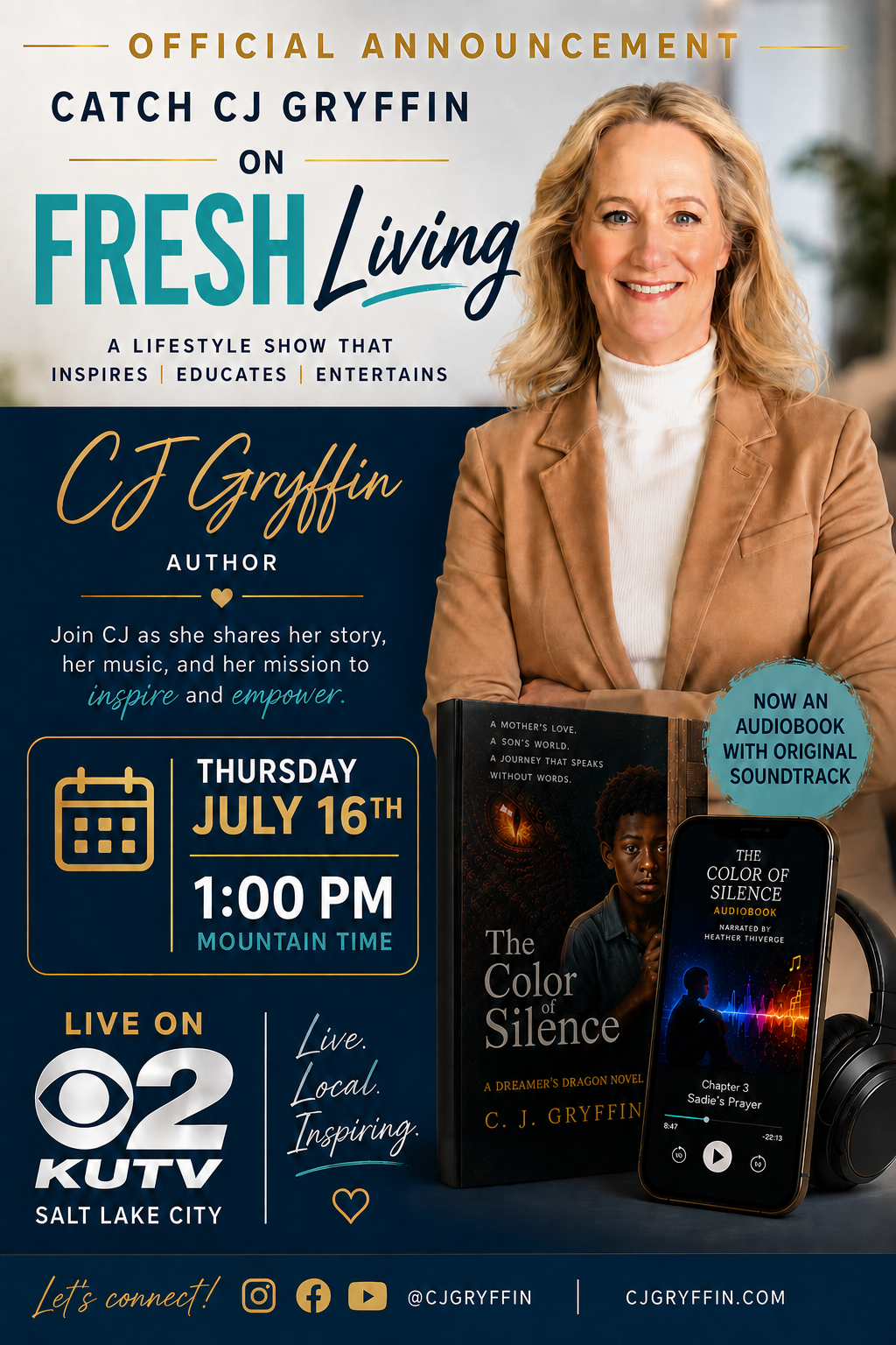 Official announcement for CJ Gryffin appearing on Fresh Living on KUTV Channel 2 Salt Lake City at 1:00 p.m. Mountain Time on Thursday, July 16
