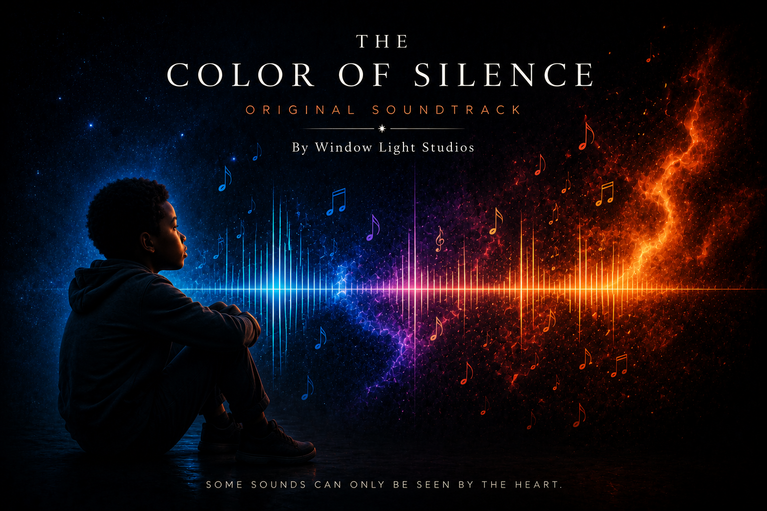 The Color of Silence original soundtrack album cover by Window Light Studios, showing Darius beside blue and orange music waves.